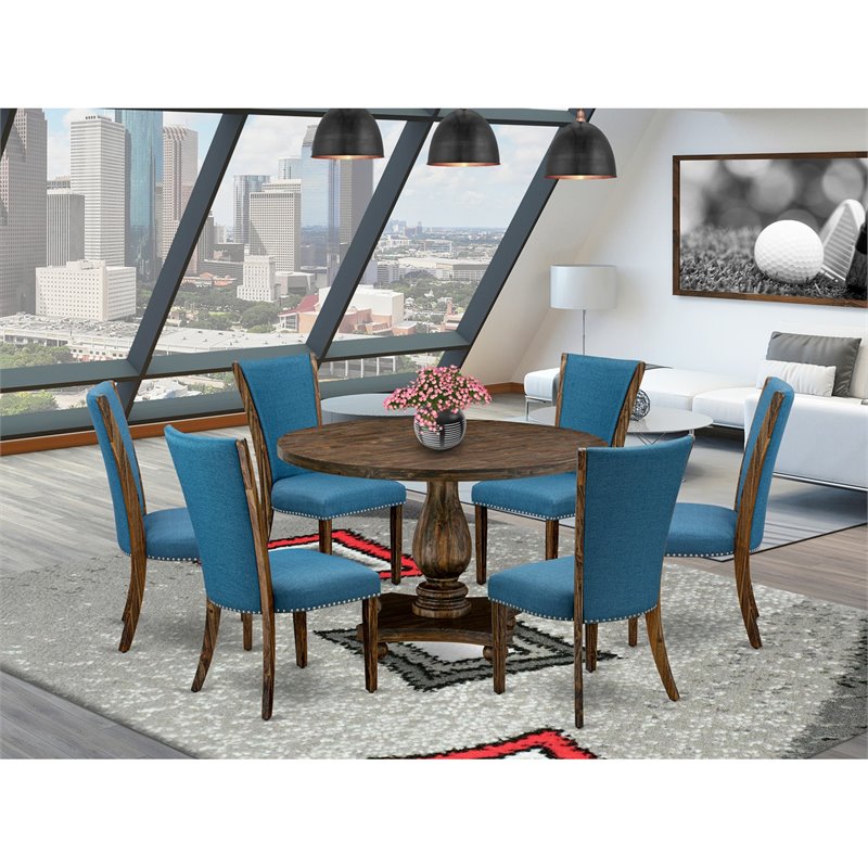 East West Furniture Irving 7-Piece Wood Dining Set in Distressed Jacobean/Blue