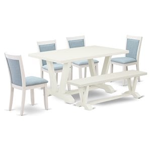 East West Furniture V-Style 6-Piece Asian Wood Dining Set in White/Baby Blue