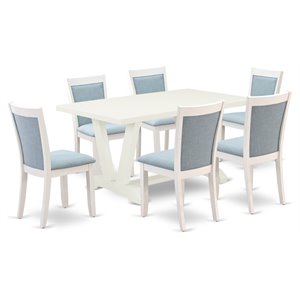 East West Furniture V-Style 7-Piece Asian Wood Dining Set in White/Baby Blue