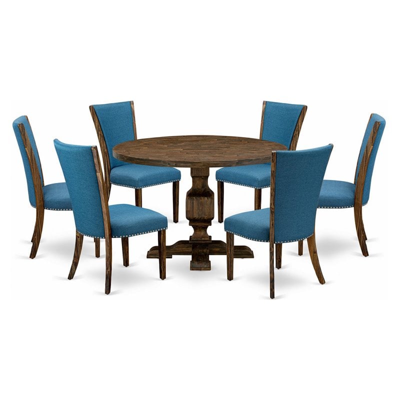 East West Furniture Irving 7-Piece Wooden Dining Set in Jacobean/Blue