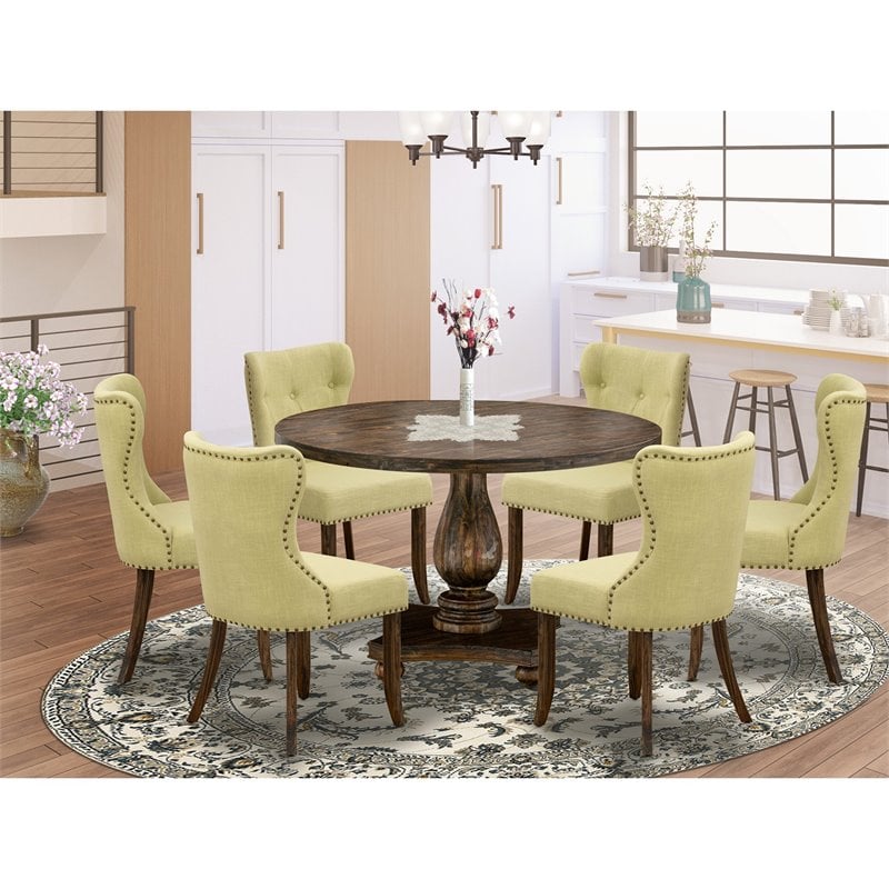 East West Furniture Irving 7-Piece Wood Dining Set in Distressed Jacobean/Beige
