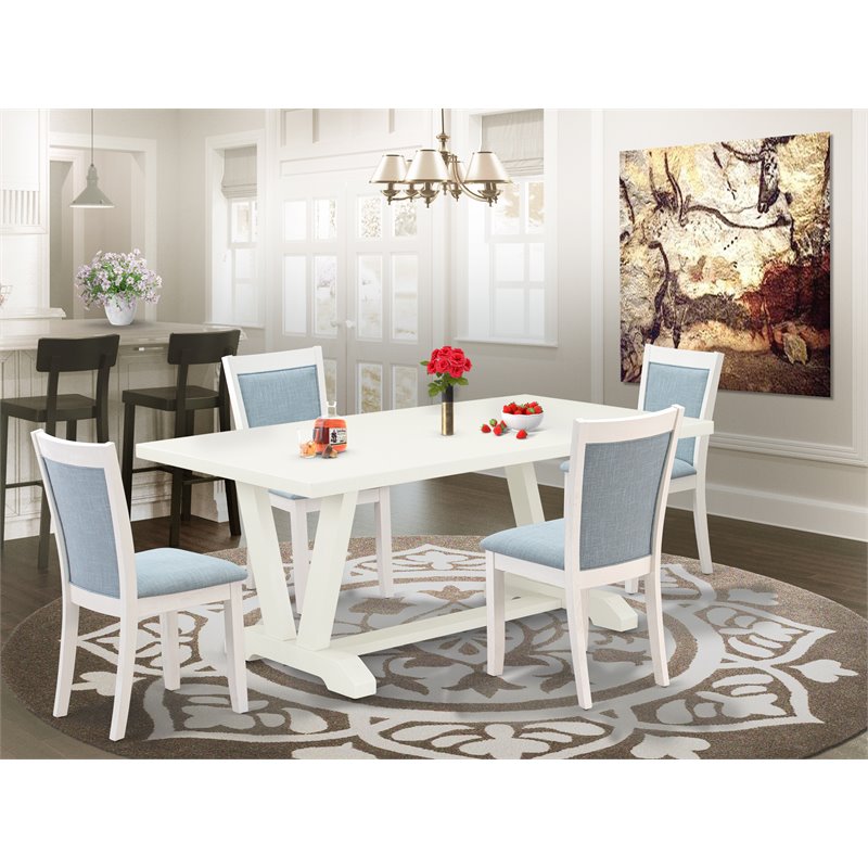 East West Furniture V-Style 5-Piece Asian Wood Dining Set in Baby Blue/White