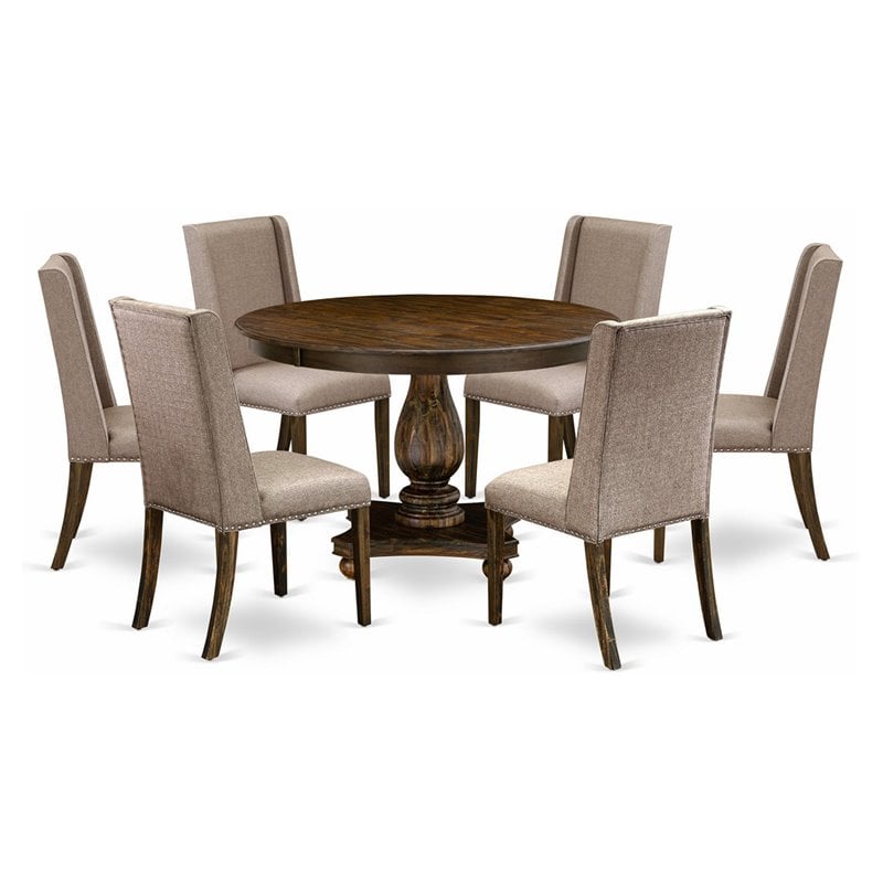 East West Furniture Ferris 7-Piece Wood Dining Set in Jacobean & Dark Khaki Gray