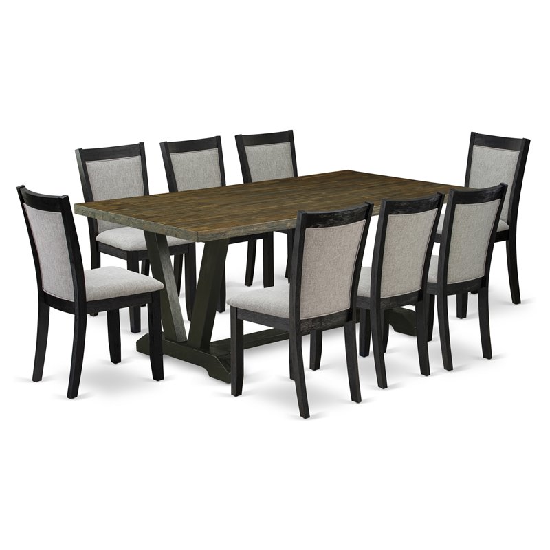 East West Furniture V-Style 9-Piece Wood Dining Set in Black/Gray/Jacobean