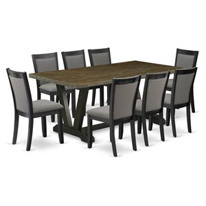 East West Furniture V-Style 9-Piece Wood Dining Set in Black/Dark Gray/Jacobean