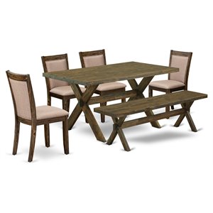 East West Furniture X-Style 6-Piece Wood Dining Set in Jacobean/Dark Khaki Gray