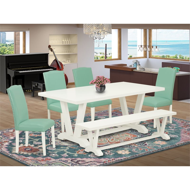 East West Furniture V-Style 6-Piece Wooden Dining Set in White/Pond Green