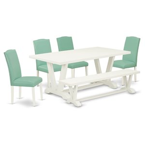 East West Furniture V-Style 6-Piece Wooden Dining Set in White/Pond Green