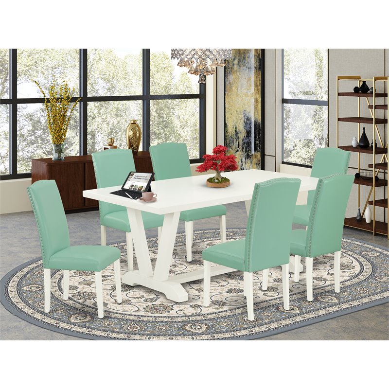 East West Furniture V-Style 7-Piece Wooden Dining Set in White/Pond Green