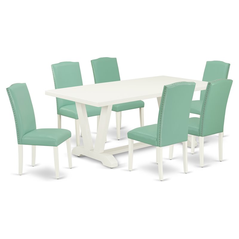 East West Furniture V-Style 7-Piece Wooden Dining Set in White/Pond Green