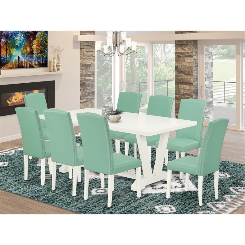 East West Furniture V-Style 9-Piece Wooden Dining Set in White/Pond Green