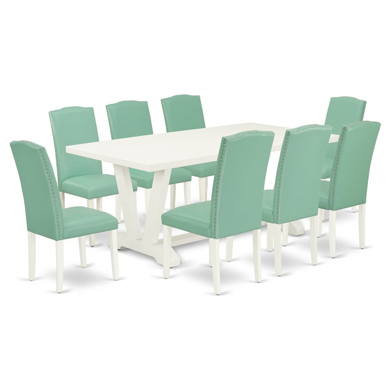 East West Furniture V-Style 9-Piece Wooden Dining Set in White/Pond Green