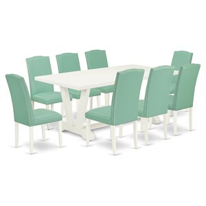 East West Furniture V-Style 9-Piece Wooden Dining Set in White/Pond Green