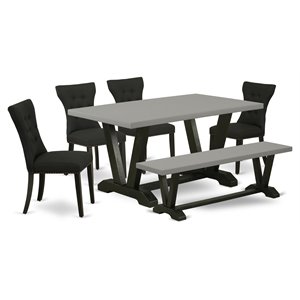 East West Furniture V-Style 6-Piece Rubber Wood Dining Set in Black/Cement