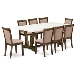 east west furniture v-style 9-piece wood dining set in white/jacobean/khaki gray