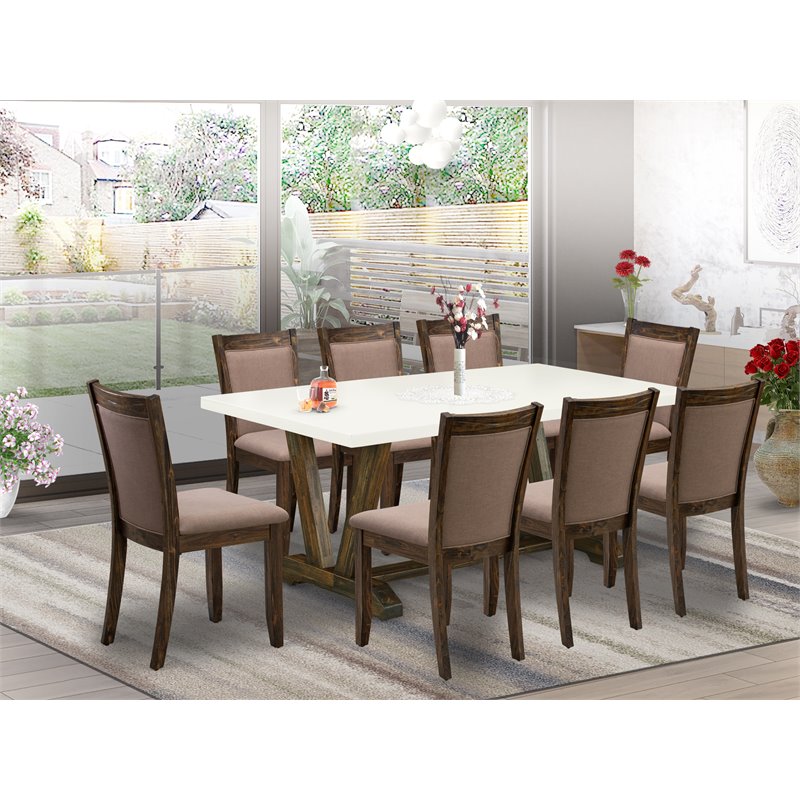 East West Furniture V-Style 9-Piece Wood Dining Set in White/Jacobean/Coffee