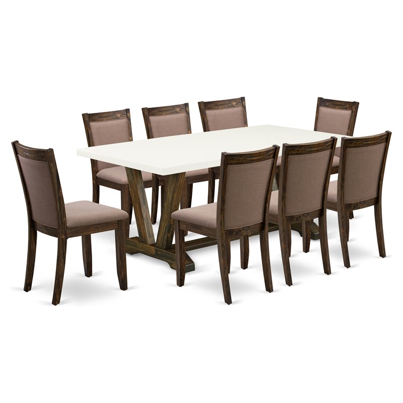 East West Furniture V-Style 9-Piece Wood Dining Set in White/Jacobean/Coffee