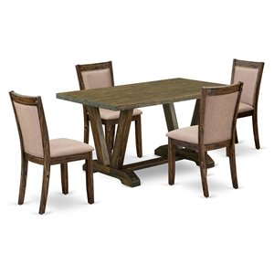 East West Furniture V-Style 5-Piece Wood Dining Set in Jacobean/Dark Khaki Gray