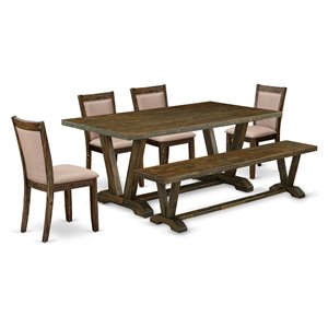 East West Furniture V-Style 6-Piece Wood Dining Set in Dark Khaki Gray/Jacobean
