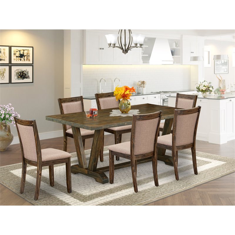East West Furniture V-Style 7-Piece Wood Dining Set in Dark Khaki Gray/Jacobean