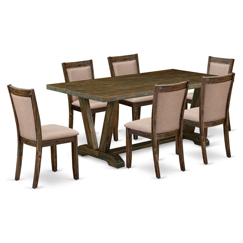 East West Furniture V-Style 7-Piece Wood Dining Set in Dark Khaki Gray/Jacobean