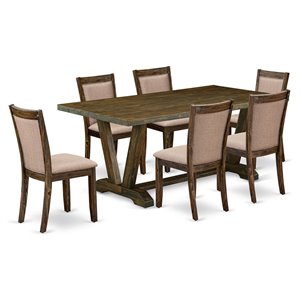 East West Furniture V-Style 7-Piece Wood Dining Set in Dark Khaki Gray/Jacobean