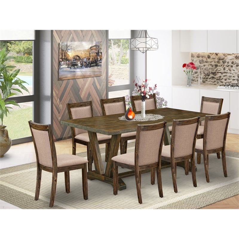 East West Furniture V-Style 9-Piece Wood Dining Set in Dark Khaki Gray/Jacobean