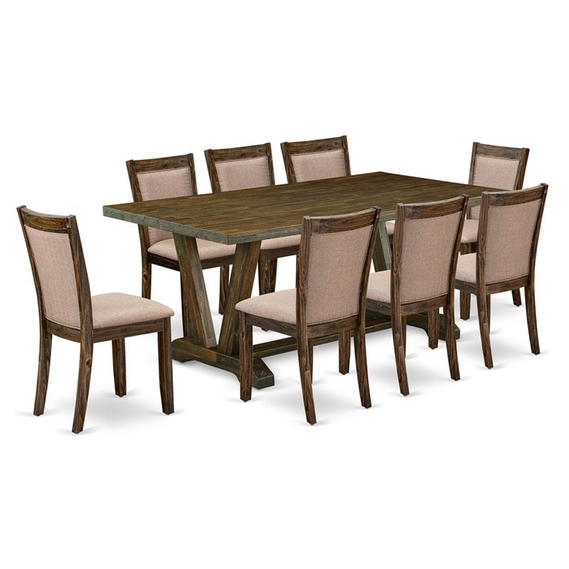 East West Furniture V-Style 9-Piece Wood Dining Set in Dark Khaki Gray/Jacobean