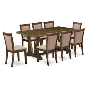 east west furniture v-style 9-piece wood dining set in dark khaki gray/jacobean