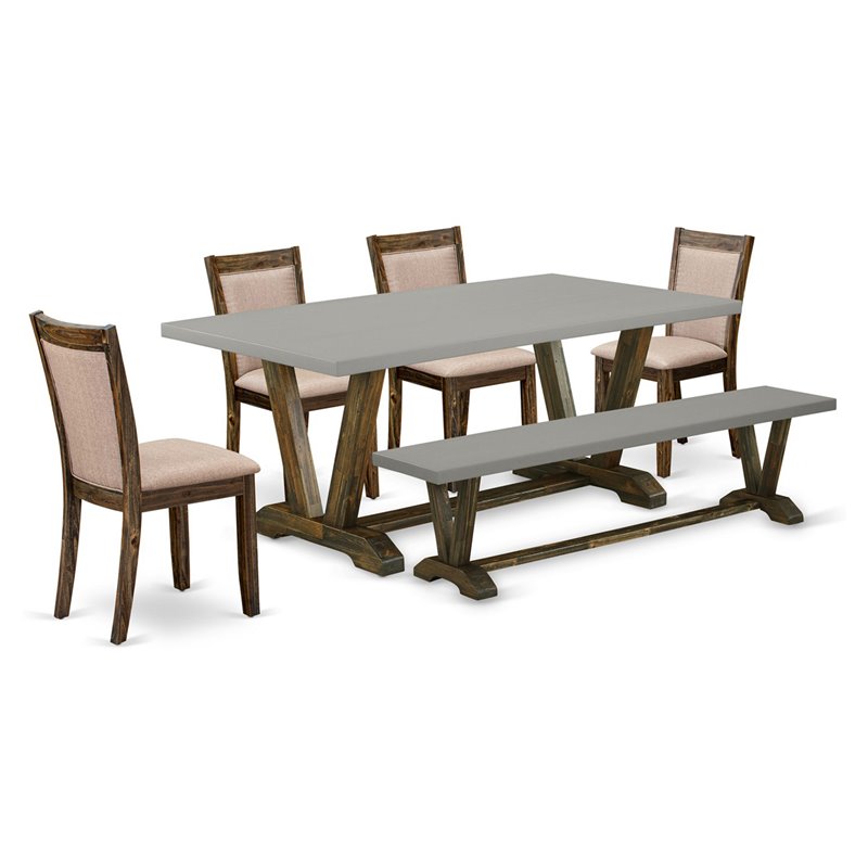 East West Furniture V-Style 6-Piece Wood Dining Set in Cement/Gray/Jacobean