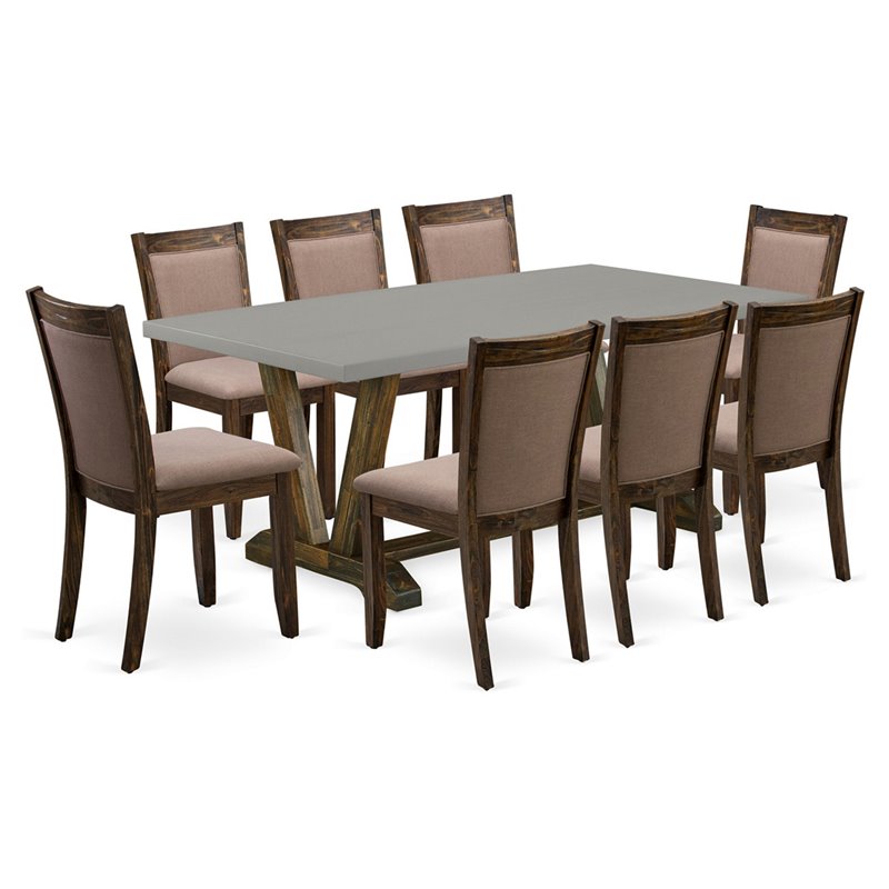 East West Furniture V-Style 9-Piece Wood Dining Set in Coffee/Jacobean/Cement