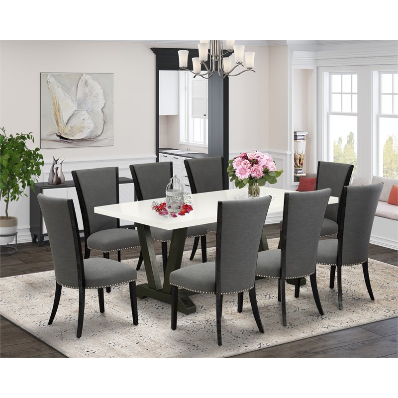 East West Furniture V-Style 9-Piece Wood Dining Set in Dark Gray/Black/White