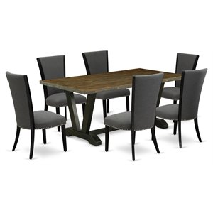 East West Furniture V-Style 7 Pieces Wood Dining Set in Jacobean/Black/Dark Gray