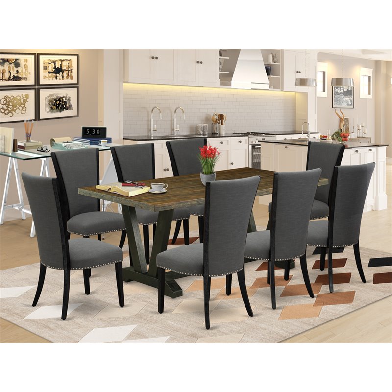 East West Furniture V-Style 9-Piece Wood Dining Set in Jacobean/Black/Dark Gray