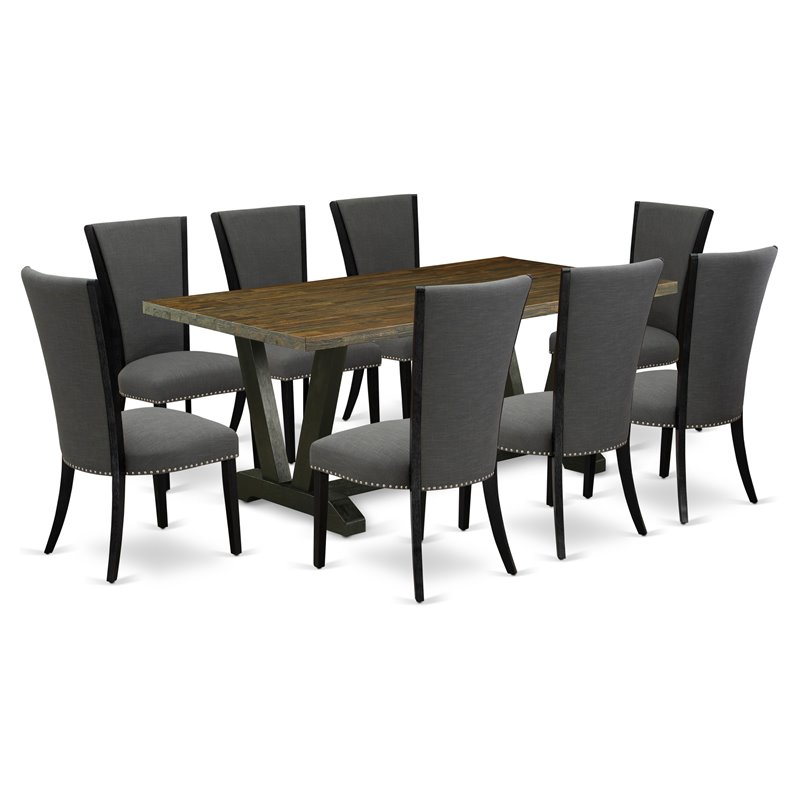 East West Furniture V-Style 9-Piece Wood Dining Set in Jacobean/Black/Dark Gray