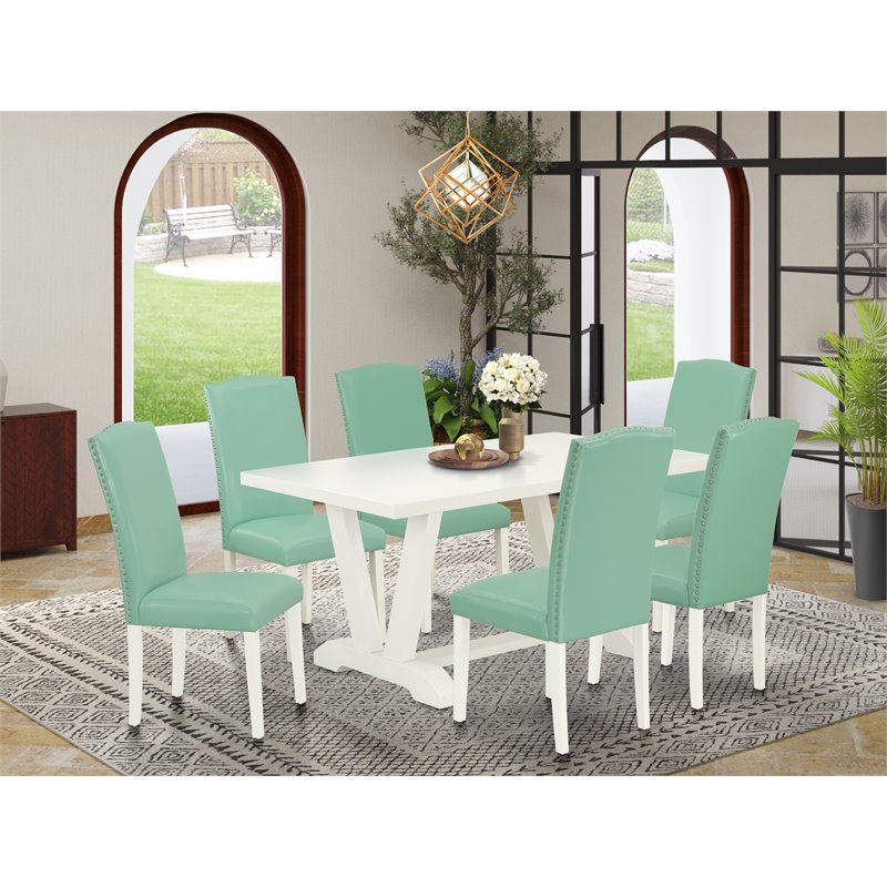 East West Furniture V-Style 7 Pieces Wooden Dining Set in White/Pond Green
