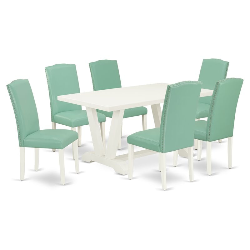 East West Furniture V-Style 7 Pieces Wooden Dining Set in White/Pond Green
