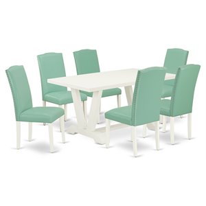 East West Furniture V-Style 7 Pieces Wooden Dining Set in White/Pond Green