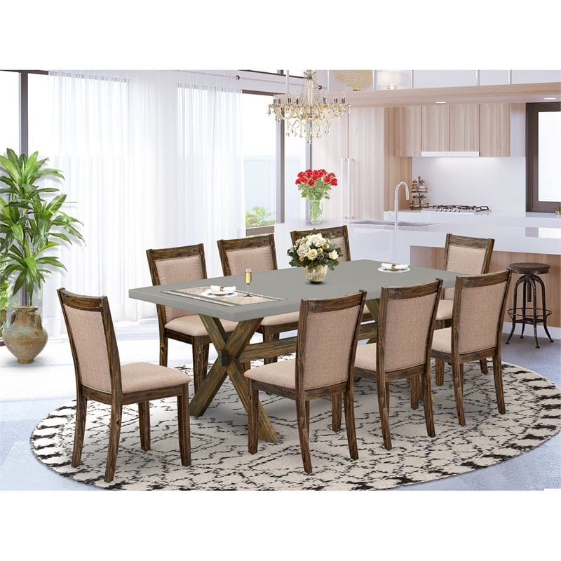East West Furniture X-Style 9-Piece Wood Dining Set in Jacobean/Cement/Gray