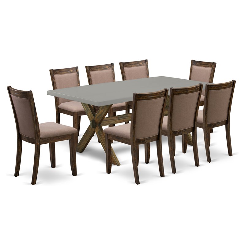 East West Furniture X-Style 9-Piece Wood Dining Set in Jacobean/Cement/Coffee