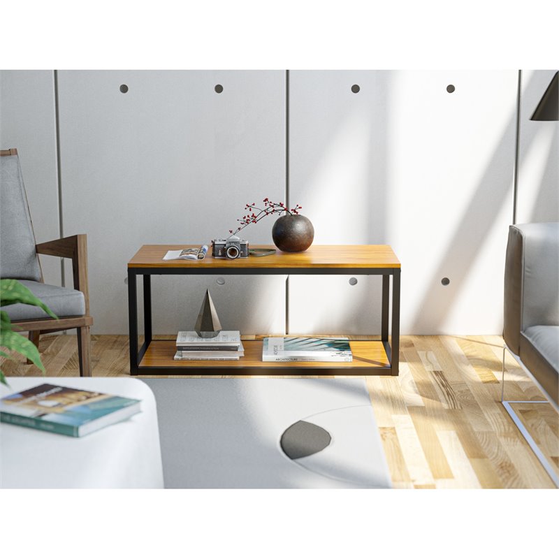 East West Furniture Norwich Metal and Wood Coffee Table in Black/Walnut