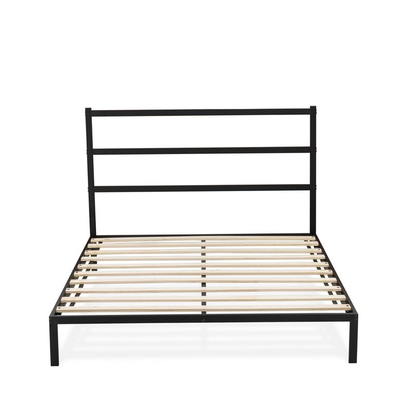 East West Furniture Fulton Traditional Metal and Wood Queen Bed Frame in Black