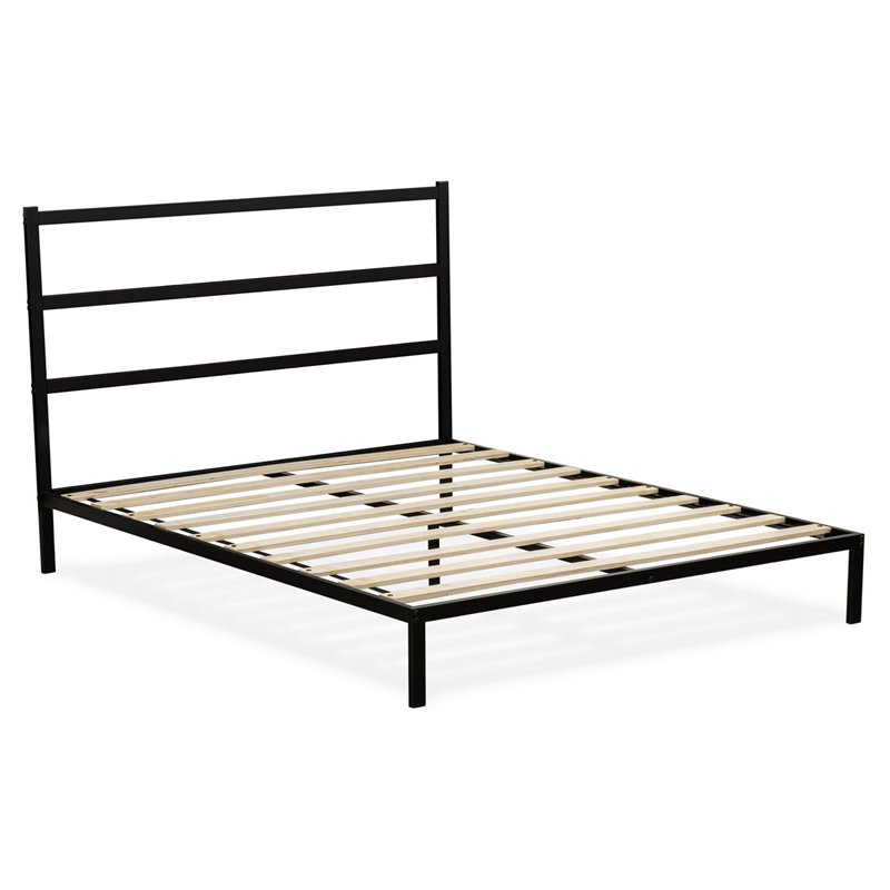 East West Furniture Fulton Traditional Metal and Wood Queen Bed Frame in Black
