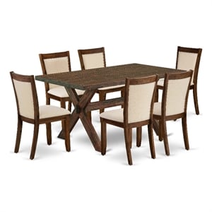 East West Furniture X-Style 7PC Dining Set in Light Beige/Distressed Jacobean