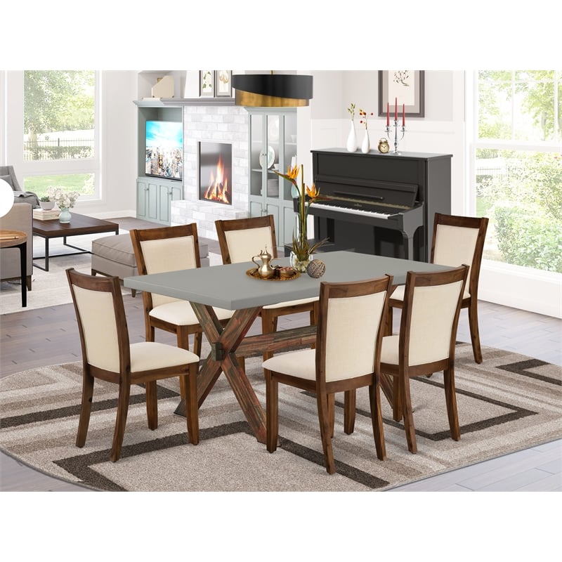 East West Furniture X-Style 7PC Dining Set in Light Beige/Distressed Jacobean