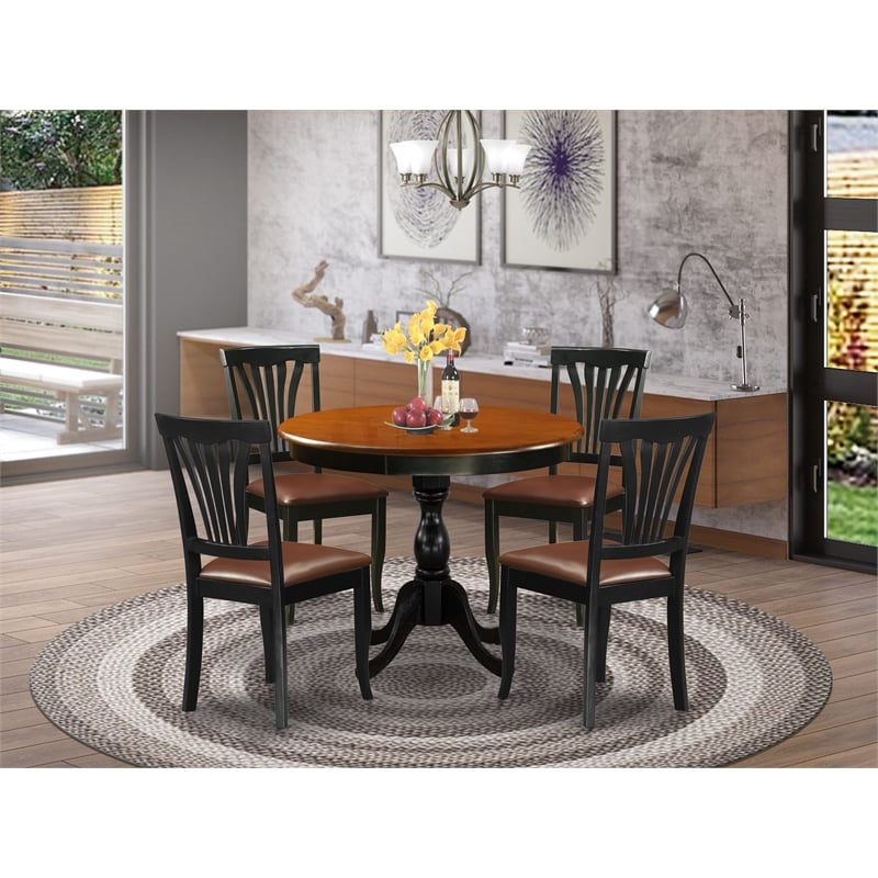 East West Furniture Dining Table and 4 Faux Leather Dinner Chairs in Black