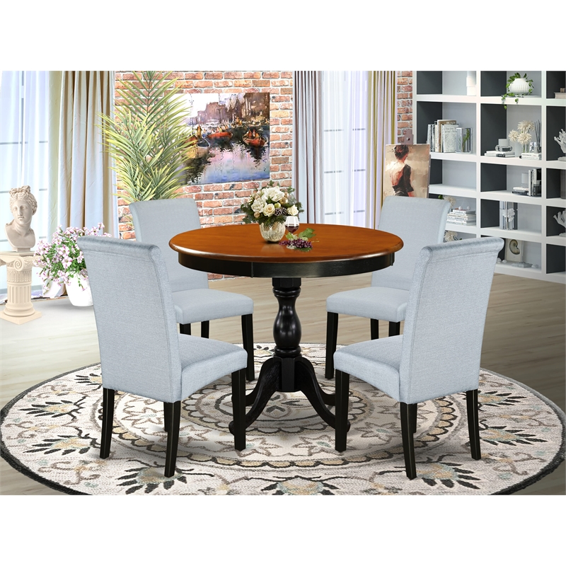 AMBA5-BCH-05 - Dining Table and 4 Grey Linen Fabric Chairs - Black Finish
