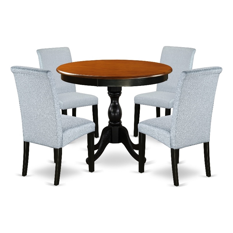 AMBA5-BCH-05 - Dining Table and 4 Grey Linen Fabric Chairs - Black Finish