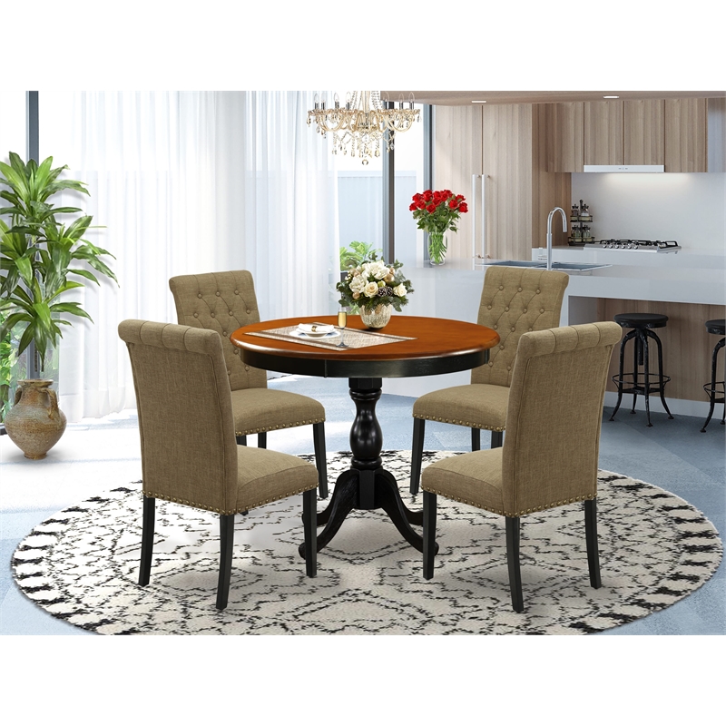 East West Furniture Table and 4 Light Sable Linen Fabric Chairs in Black