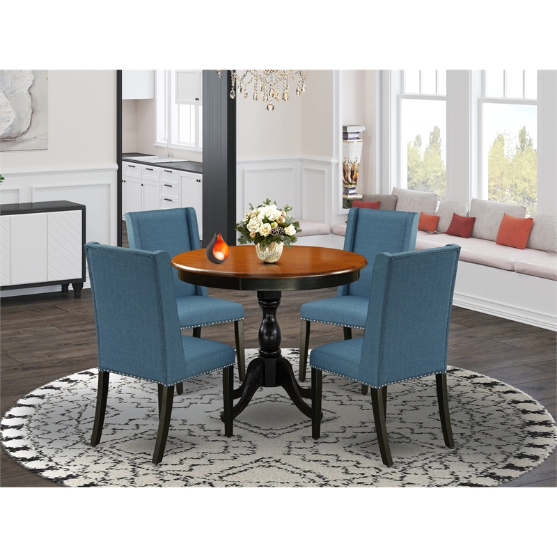 AMFL5-BCH-21 - Dining Table and 4 Blue Linen Fabric Chairs - Black Finish
